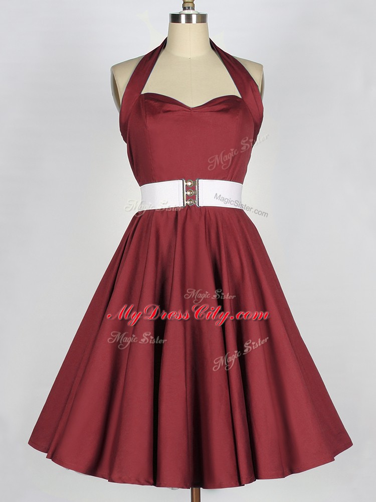 Burgundy Sleeveless Taffeta Lace Up Wedding Party Dress for Prom and Party and Wedding Party