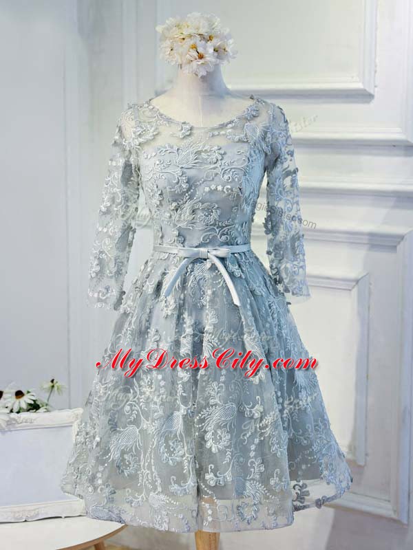 High End Knee Length Grey Dress for Prom Scoop Long Sleeves Lace Up