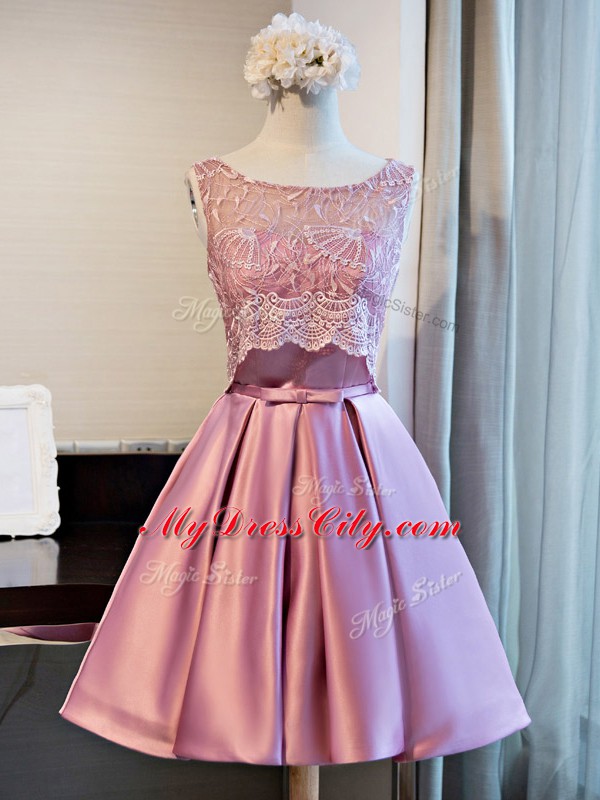 Sleeveless Mini Length Lace and Appliques and Belt Lace Up Prom Party Dress with Lilac