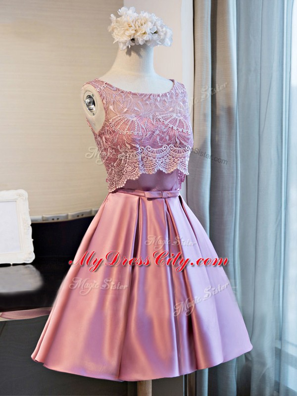 Sleeveless Mini Length Lace and Appliques and Belt Lace Up Prom Party Dress with Lilac