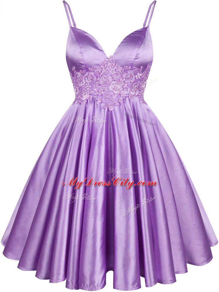 Noble Lilac Sleeveless Knee Length Lace Lace Up Bridesmaid Gown