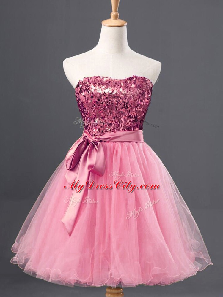 Sleeveless Tulle Mini Length Zipper Homecoming Dress in Rose Pink with Sequins