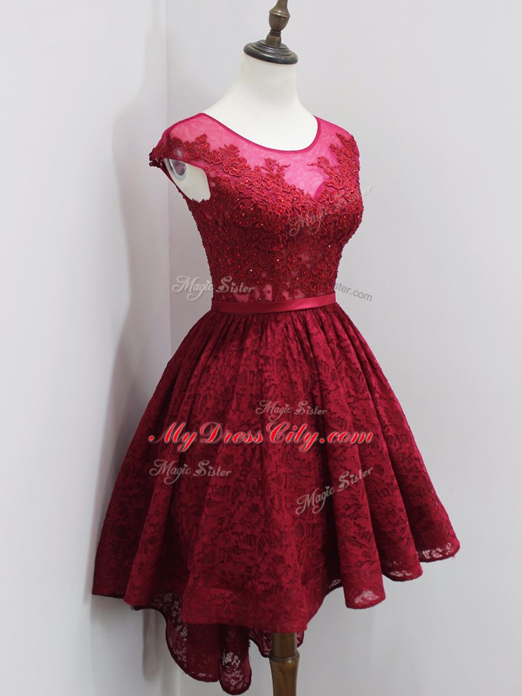 Stunning Cap Sleeves Lace High Low Zipper Bridesmaids Dress in Wine Red with Beading and Lace