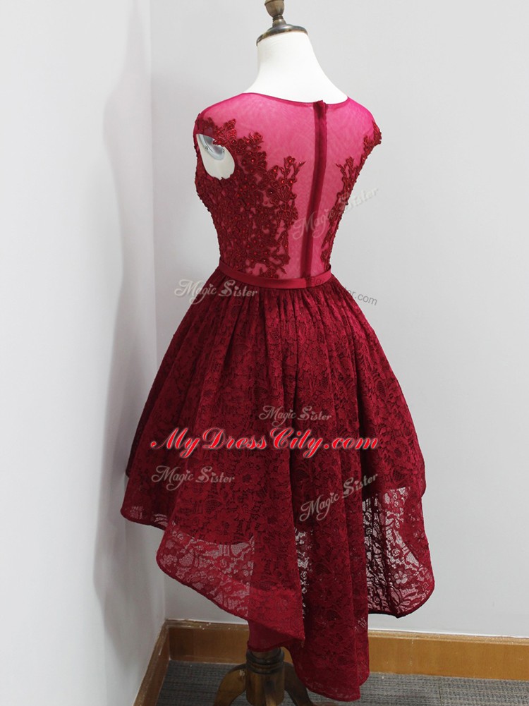 Stunning Cap Sleeves Lace High Low Zipper Bridesmaids Dress in Wine Red with Beading and Lace