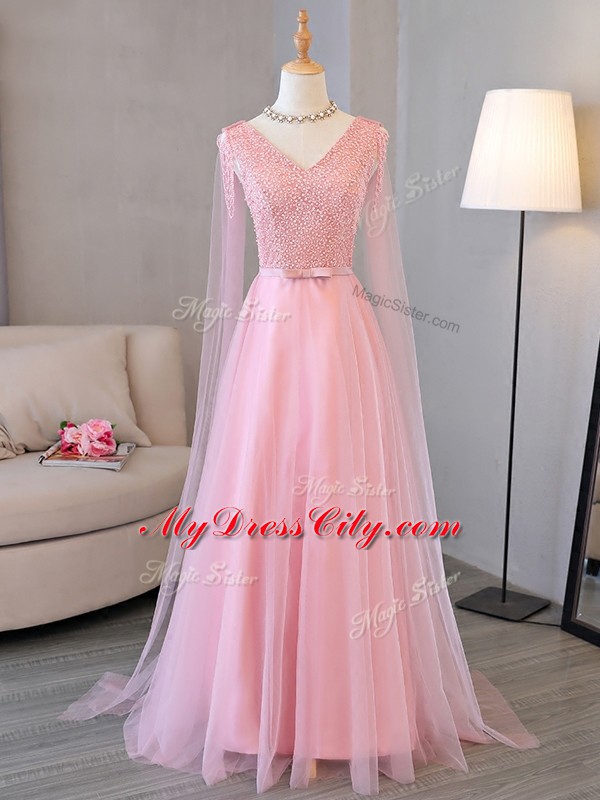 Fantastic Floor Length Lace Up Prom Dress Baby Pink for Prom and Party with Beading