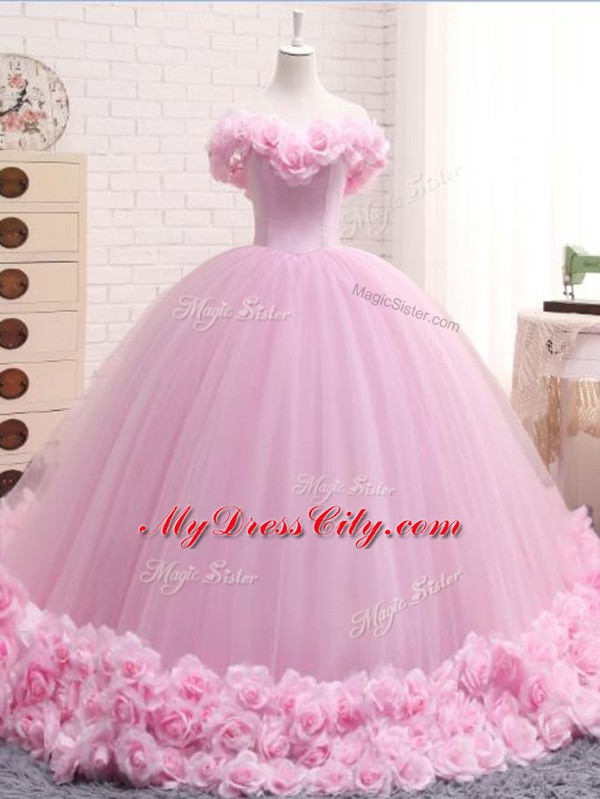 Baby Pink Ball Gowns Tulle Off The Shoulder Sleeveless Hand Made Flower Lace Up Quinceanera Gown Brush Train