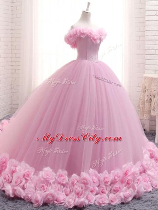 Baby Pink Ball Gowns Tulle Off The Shoulder Sleeveless Hand Made Flower Lace Up Quinceanera Gown Brush Train