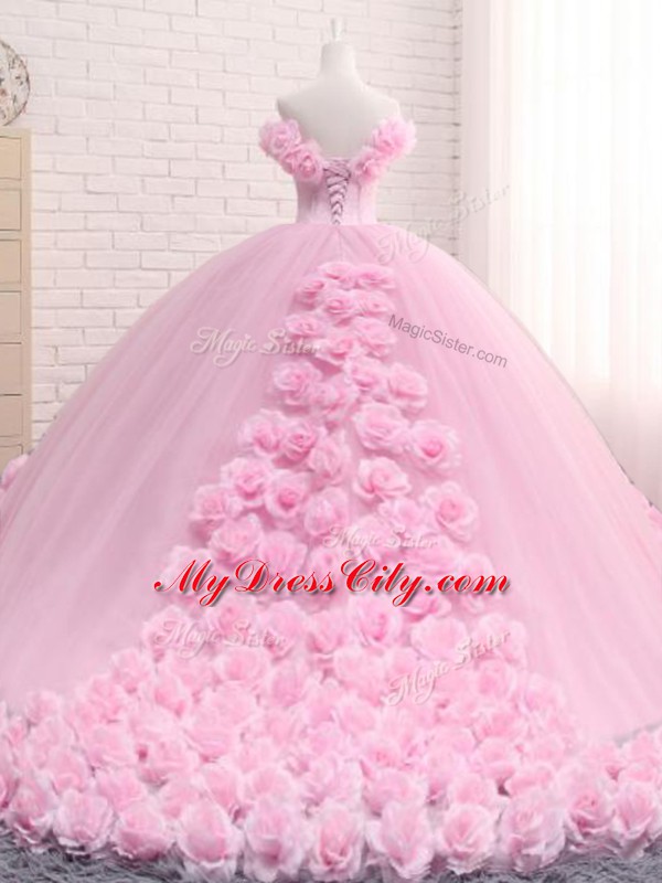 Baby Pink Ball Gowns Tulle Off The Shoulder Sleeveless Hand Made Flower Lace Up Quinceanera Gown Brush Train