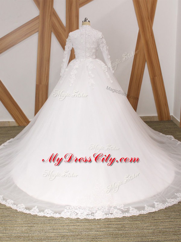 Decent White Ball Gowns Lace and Appliques Wedding Gowns Zipper Tulle Long Sleeves