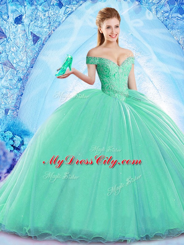 Superior Turquoise Ball Gowns Off The Shoulder Sleeveless Organza Brush Train Lace Up Beading 15 Quinceanera Dress