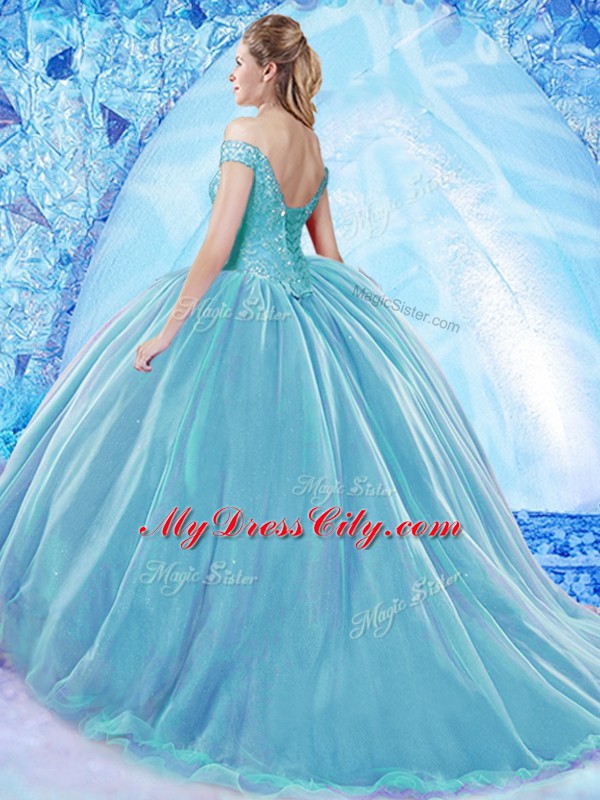 Superior Turquoise Ball Gowns Off The Shoulder Sleeveless Organza Brush Train Lace Up Beading 15 Quinceanera Dress