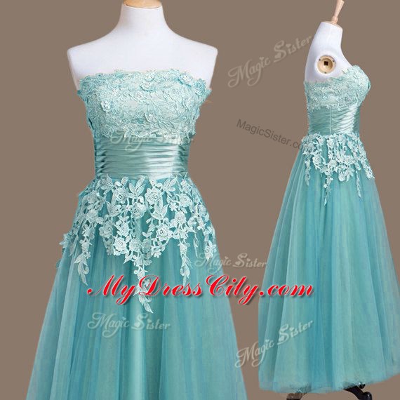 Custom Fit Light Blue Strapless Neckline Appliques Bridesmaid Dress Sleeveless Lace Up