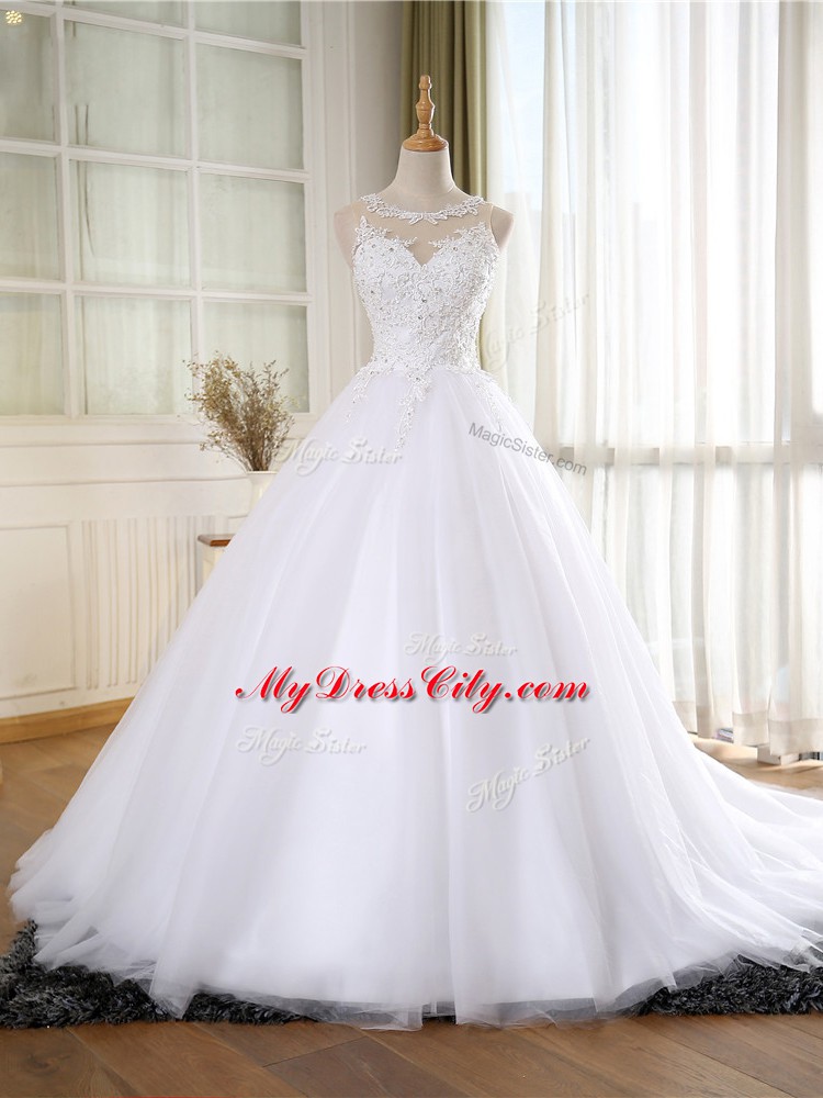 Attractive Sleeveless Court Train Zipper Lace and Appliques Wedding Dress