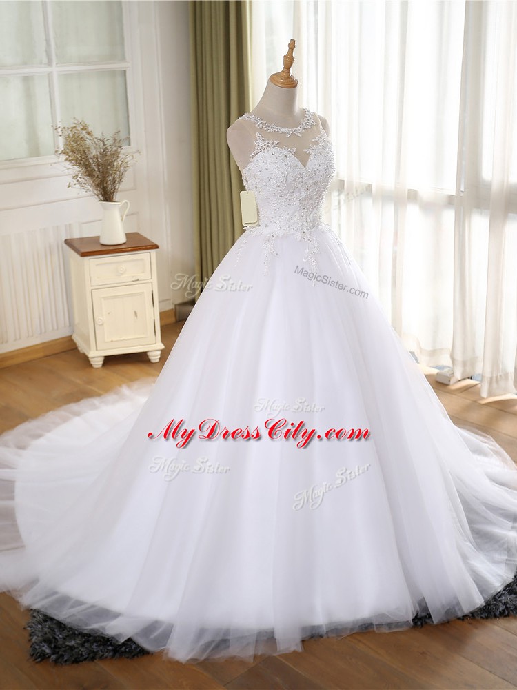 Attractive Sleeveless Court Train Zipper Lace and Appliques Wedding Dress