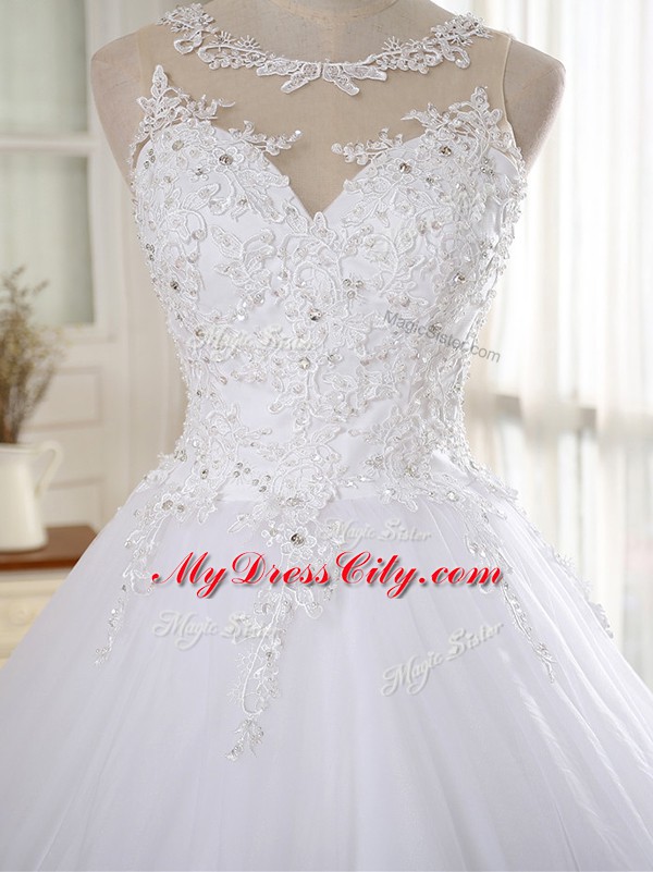 Attractive Sleeveless Court Train Zipper Lace and Appliques Wedding Dress