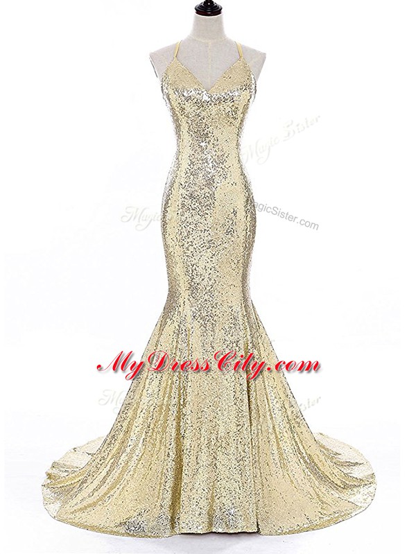 High End Gold Backless Straps Sequins Prom Evening Gown Sequined Sleeveless Brush Train