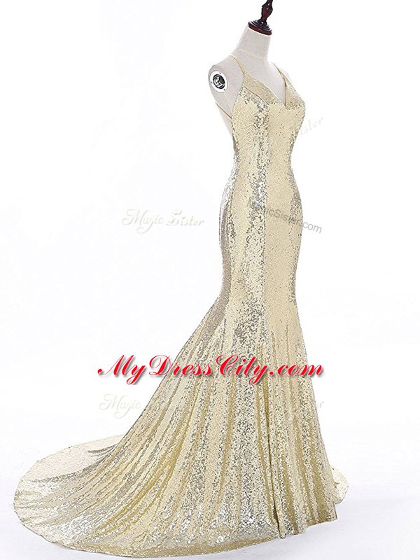 High End Gold Backless Straps Sequins Prom Evening Gown Sequined Sleeveless Brush Train