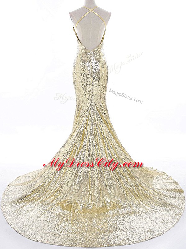 High End Gold Backless Straps Sequins Prom Evening Gown Sequined Sleeveless Brush Train