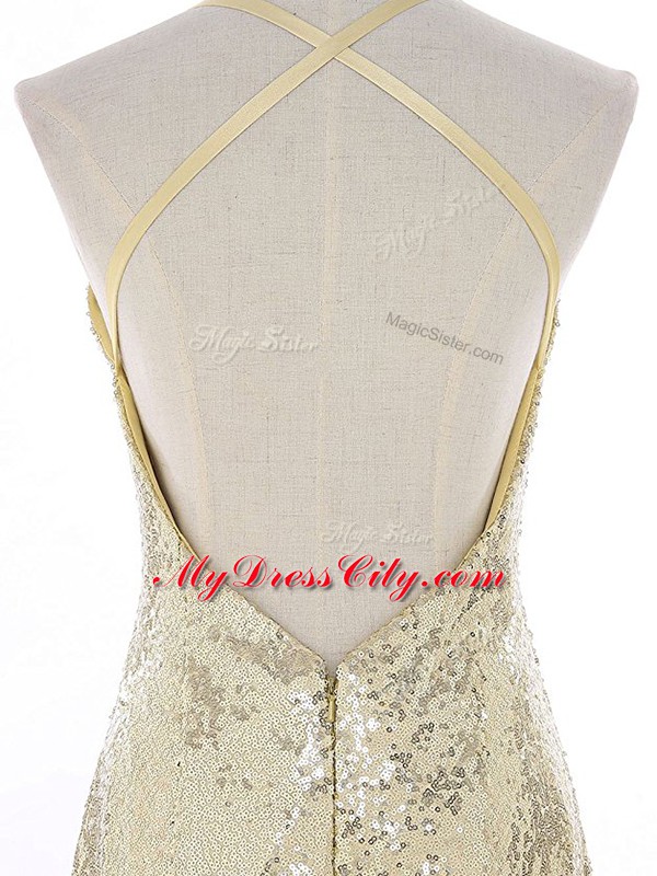 High End Gold Backless Straps Sequins Prom Evening Gown Sequined Sleeveless Brush Train