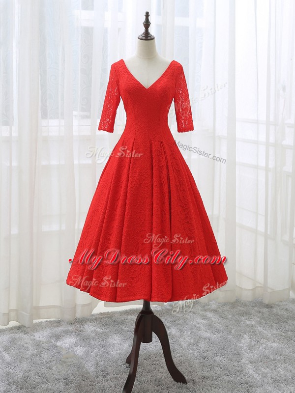 Red A-line V-neck Half Sleeves Lace Tea Length Lace Up Lace and Appliques Prom Evening Gown