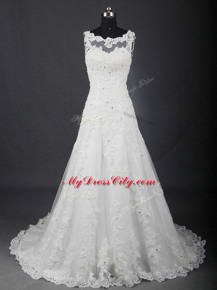 White A-line Tulle Scoop Sleeveless Lace Lace Up Wedding Dress Brush Train