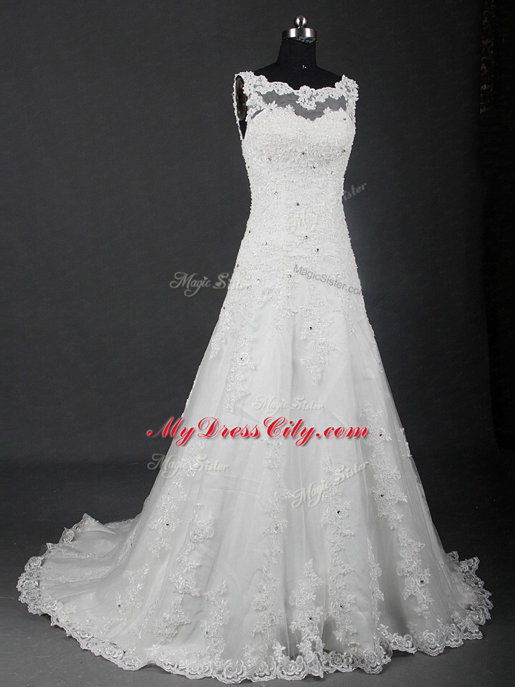 White A-line Tulle Scoop Sleeveless Lace Lace Up Wedding Dress Brush Train