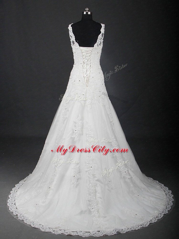 White A-line Tulle Scoop Sleeveless Lace Lace Up Wedding Dress Brush Train