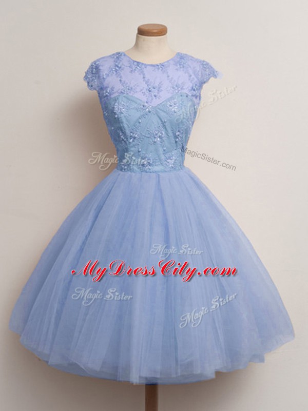 Blue Scoop Lace Up Lace Dama Dress Cap Sleeves