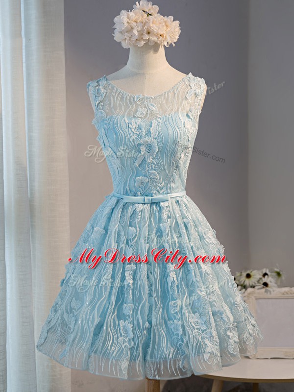 Classical Sleeveless Mini Length Lace and Appliques Lace Up Dress for Prom with Light Blue