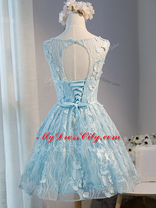 Classical Sleeveless Mini Length Lace and Appliques Lace Up Dress for Prom with Light Blue