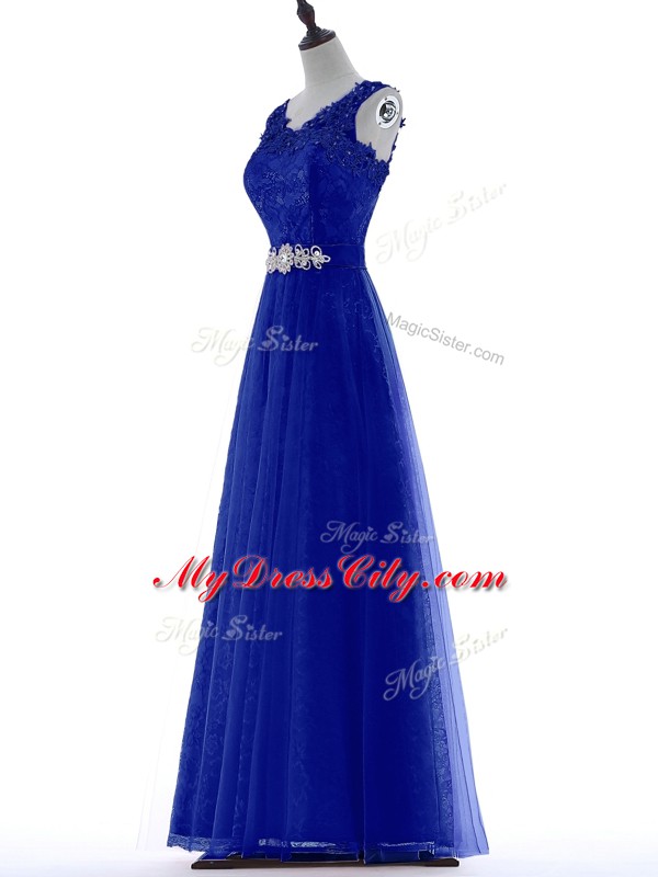 Lovely Royal Blue Homecoming Dress Prom and Party and Military Ball with Beading and Lace V-neck Sleeveless Zipper