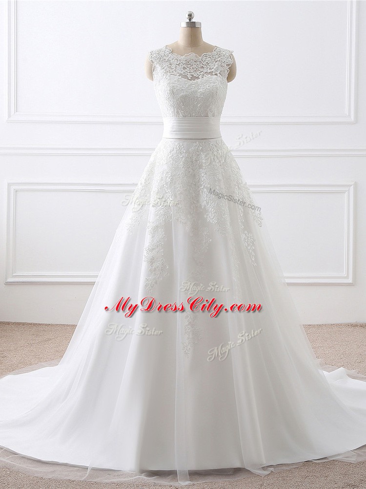 Luxurious White Bridal Gown Tulle Brush Train Sleeveless Lace