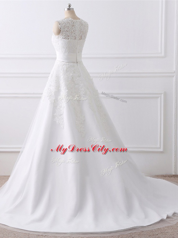 Luxurious White Bridal Gown Tulle Brush Train Sleeveless Lace