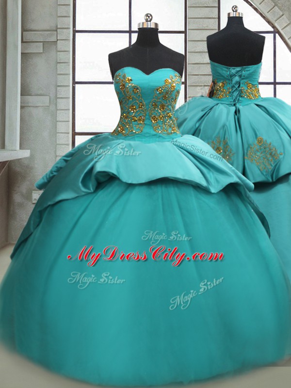 Turquoise Vestidos de Quinceanera Satin Sweep Train Sleeveless Beading and Appliques