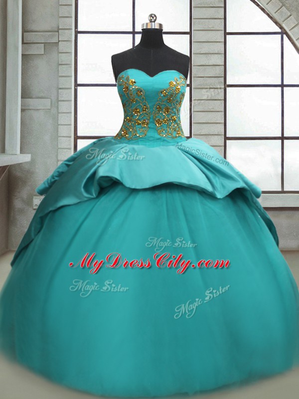 Turquoise Vestidos de Quinceanera Satin Sweep Train Sleeveless Beading and Appliques