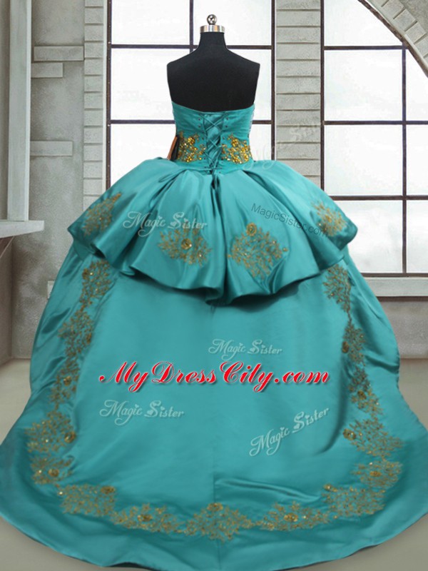 Turquoise Vestidos de Quinceanera Satin Sweep Train Sleeveless Beading and Appliques