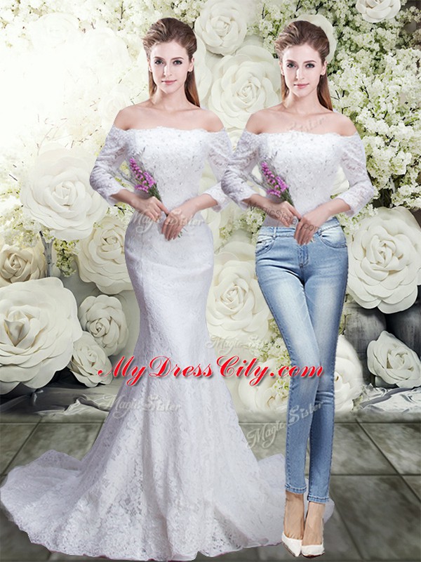 Charming Lace Off The Shoulder 3 4 Length Sleeve Brush Train Lace Up Lace Wedding Dress in White