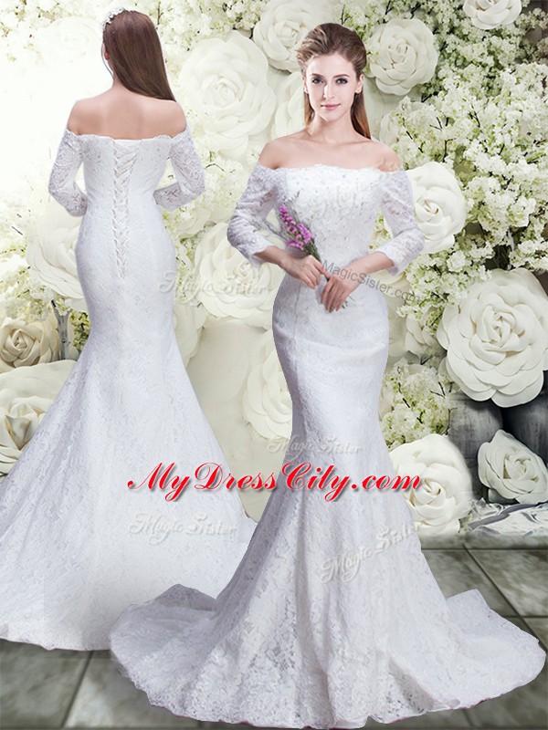 Charming Lace Off The Shoulder 3 4 Length Sleeve Brush Train Lace Up Lace Wedding Dress in White