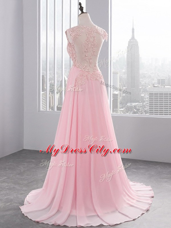 Baby Pink V-neck Side Zipper Appliques Prom Party Dress Brush Train Sleeveless