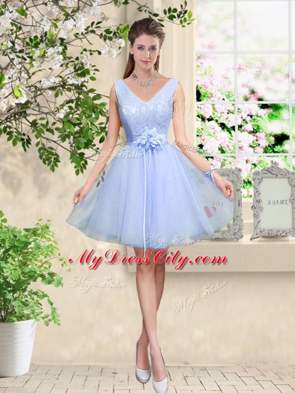 A-line Bridesmaid Dress Lavender V-neck Tulle Sleeveless Knee Length Lace Up