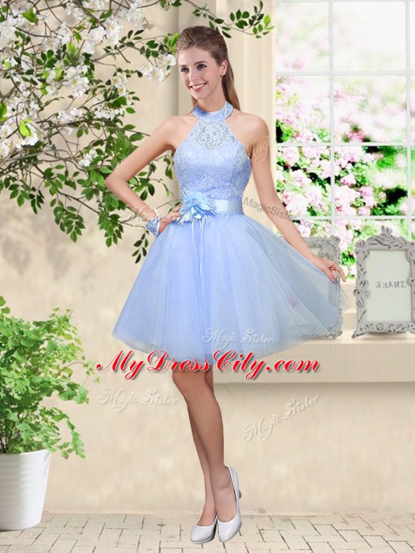 A-line Bridesmaid Dress Lavender V-neck Tulle Sleeveless Knee Length Lace Up