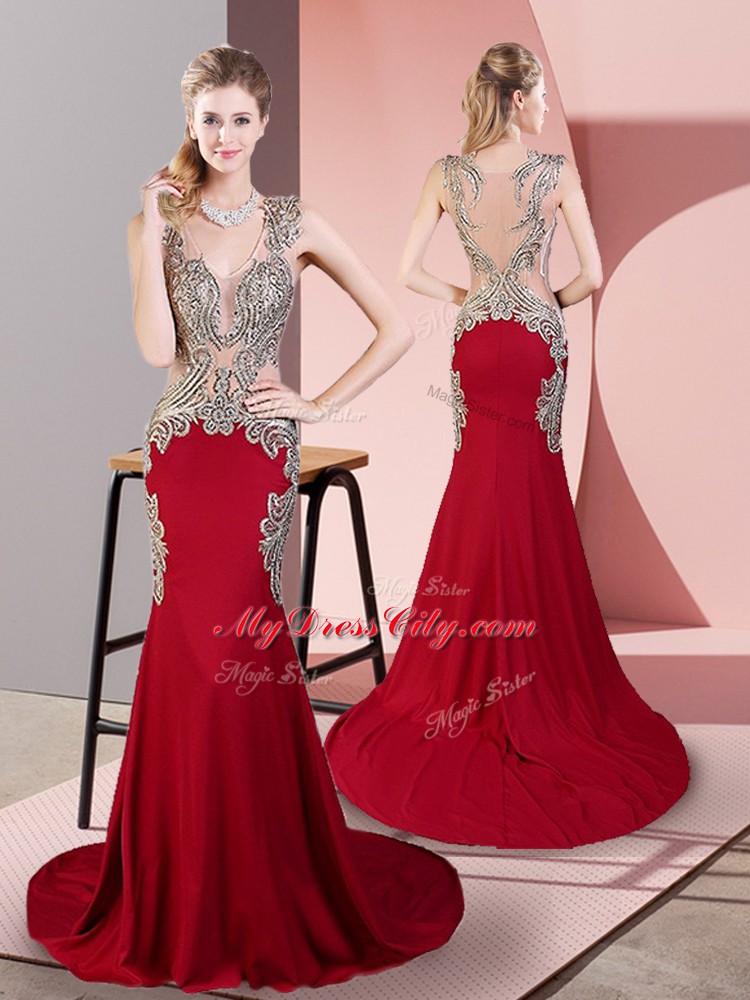 Wine Red Side Zipper V-neck Beading Dress Like A Star Elastic Woven Satin Sleeveless Brush Train