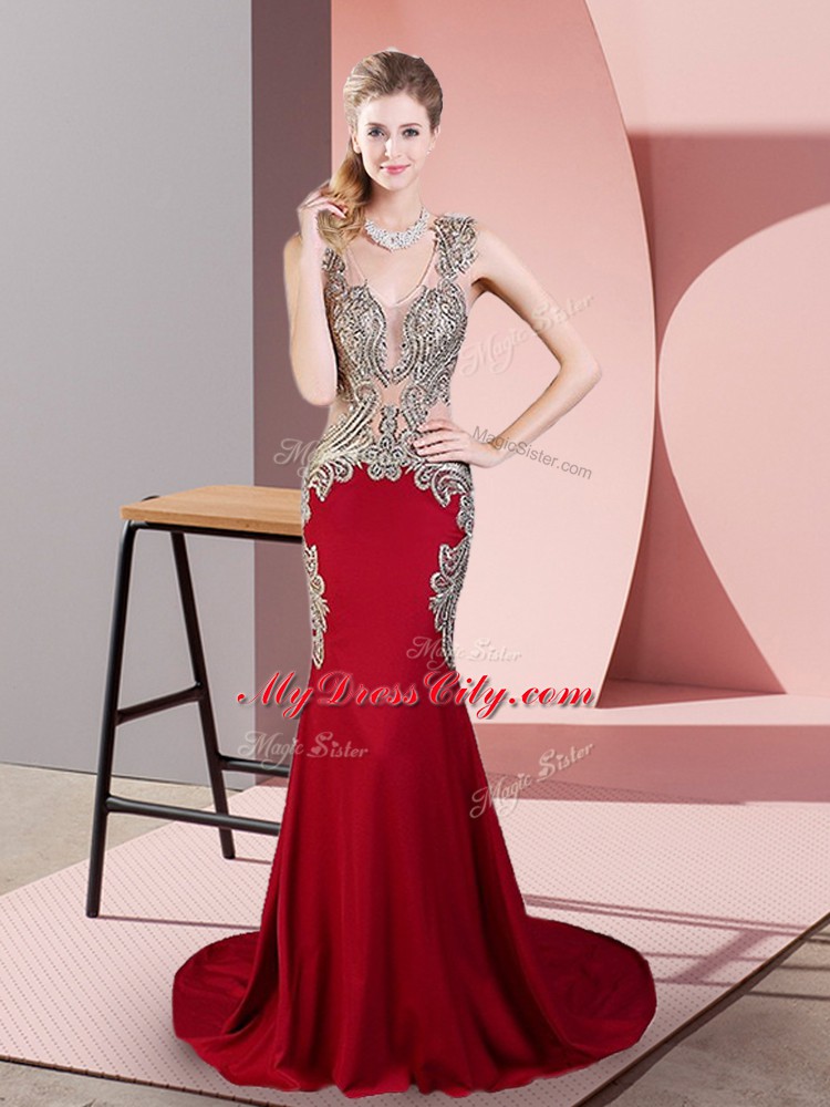 Wine Red Side Zipper V-neck Beading Dress Like A Star Elastic Woven Satin Sleeveless Brush Train