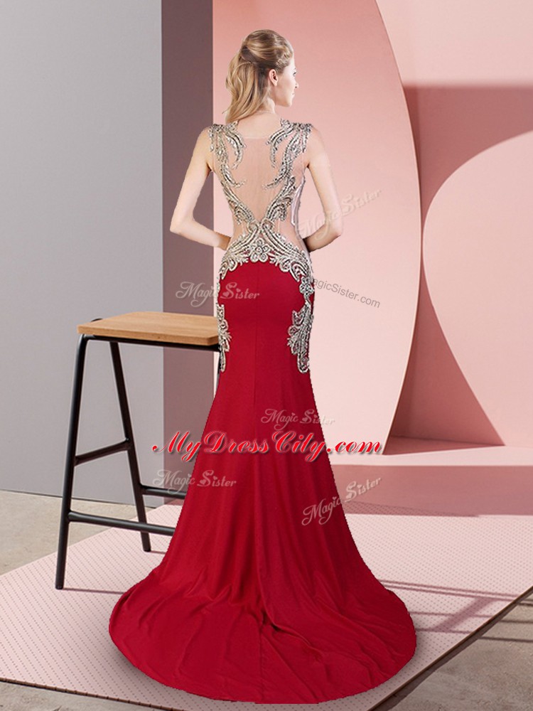 Wine Red Side Zipper V-neck Beading Dress Like A Star Elastic Woven Satin Sleeveless Brush Train