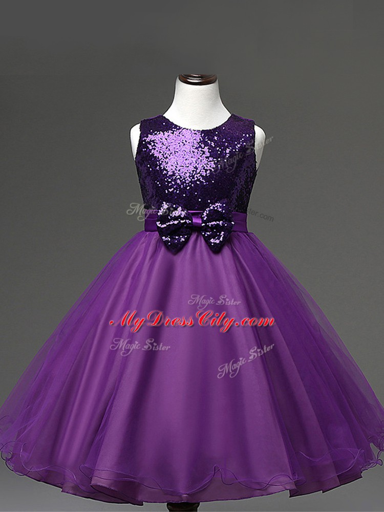 Purple Zipper Kids Pageant Dress Sequins and Bowknot Sleeveless Tea Length