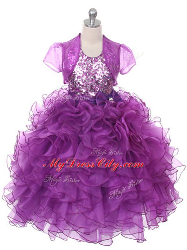 Sleeveless Ruffles and Sequins and Bowknot Lace Up Little Girls Pageant Gowns