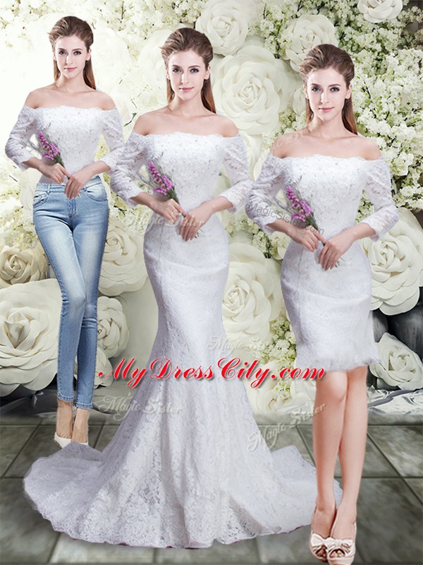 Hot Sale White 3 4 Length Sleeve Lace Brush Train Lace Up Wedding Dresses for Wedding Party