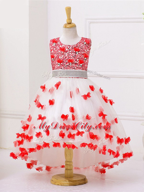 Tulle Scoop Sleeveless Zipper Appliques and Sequins Flower Girl Dresses for Less in White And Red