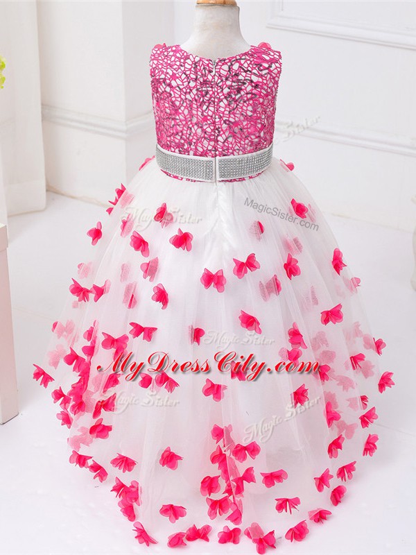 Tulle Scoop Sleeveless Zipper Appliques and Sequins Flower Girl Dresses for Less in White And Red