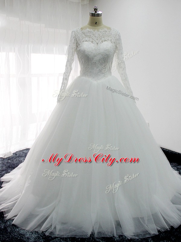 Long Sleeves Brush Train Backless Lace and Appliques Wedding Dress